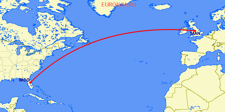 перелет Орландо — Манчестер на карте