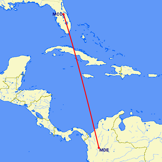 перелет Орландо — Меделлин на карте