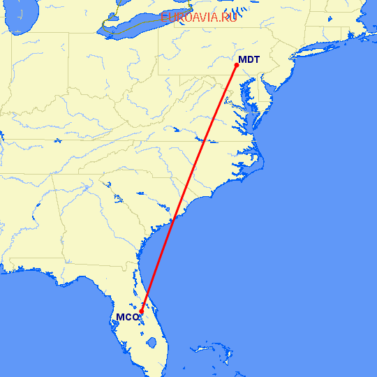 перелет Орландо — Харрисбург на карте
