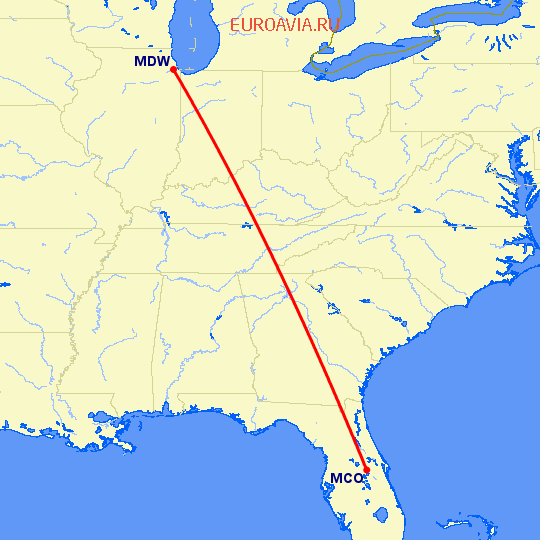 перелет Орландо — Чикаго на карте