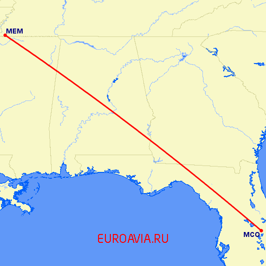 перелет Орландо — Мемфис на карте