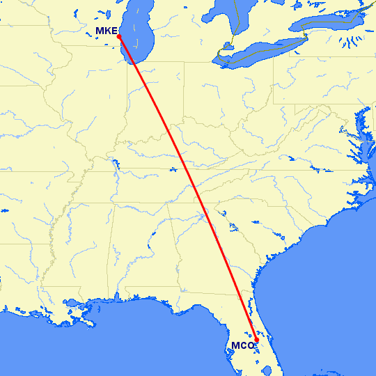 перелет Орландо — Милуоки на карте