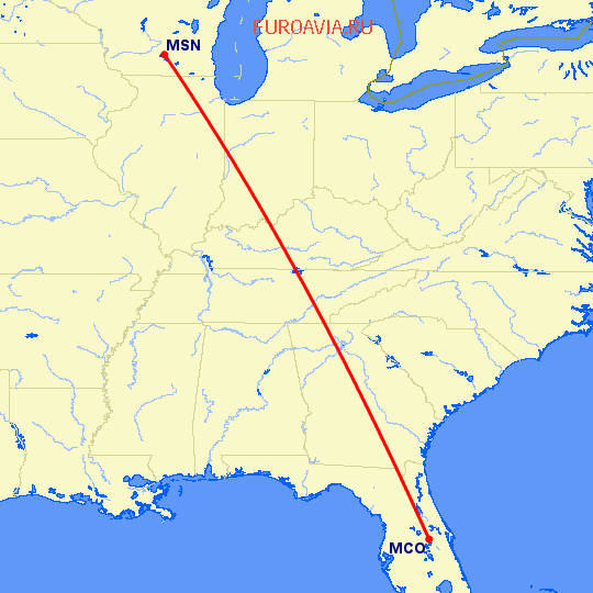 перелет Орландо — Madison на карте