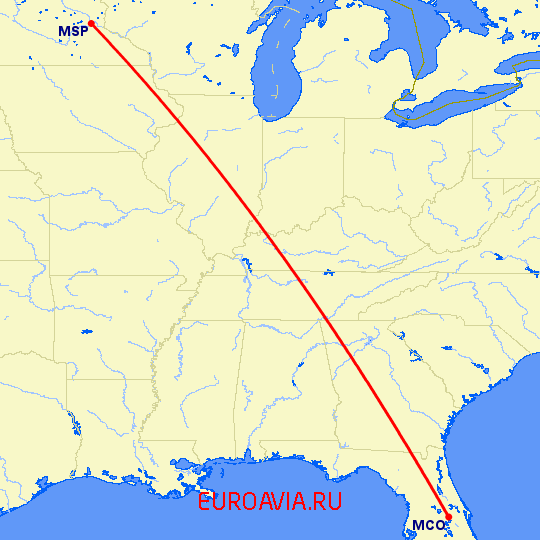 перелет Орландо — Миннеаполис на карте
