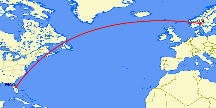 перелет Орландо — Осло на карте