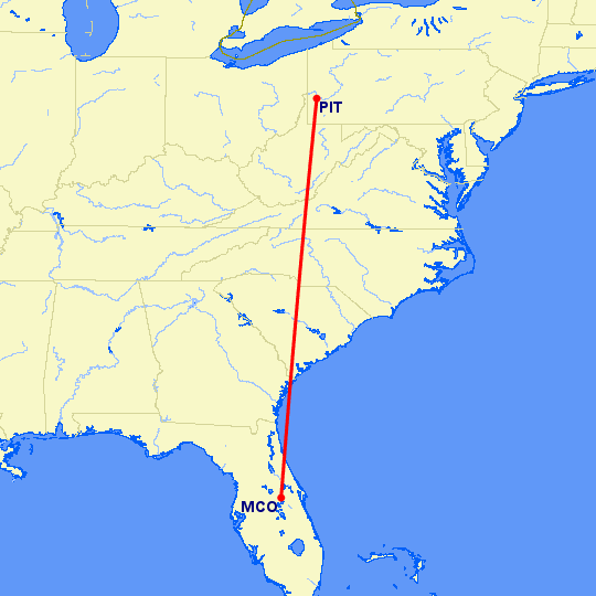 перелет Орландо — Питтсбург на карте