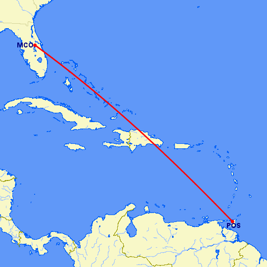 перелет Орландо — Port Of Spain на карте