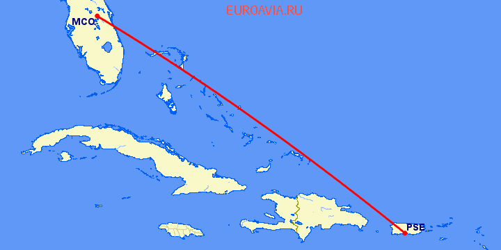 перелет Орландо — Ponce на карте