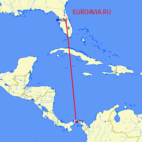 перелет Орландо — Панама Сити на карте