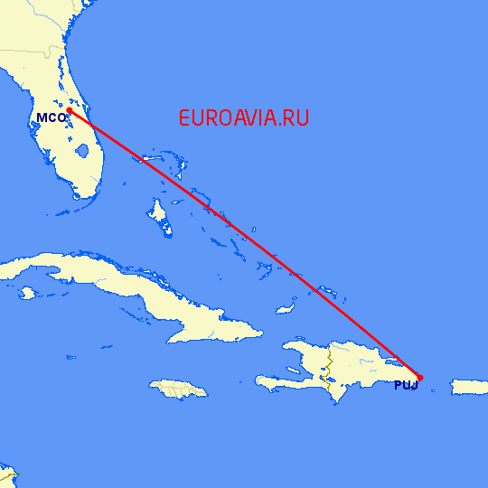 перелет Орландо — Пунта Кана на карте