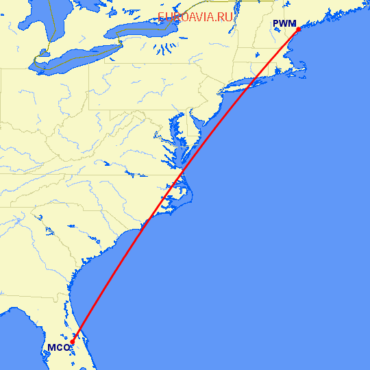 перелет Орландо — Портленд на карте