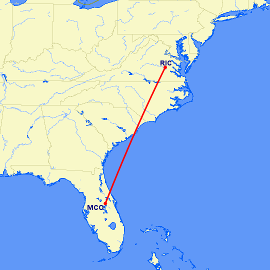 перелет Орландо — Ричмонд на карте