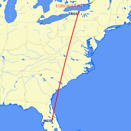 перелет Орландо — Рочестер на карте