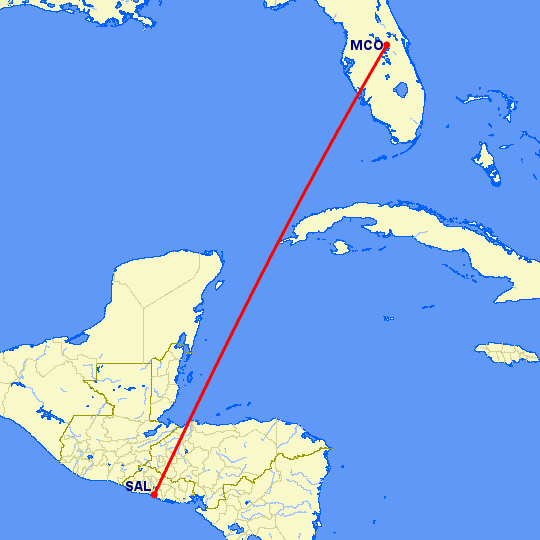 перелет Орландо — Сан Сальвадор на карте