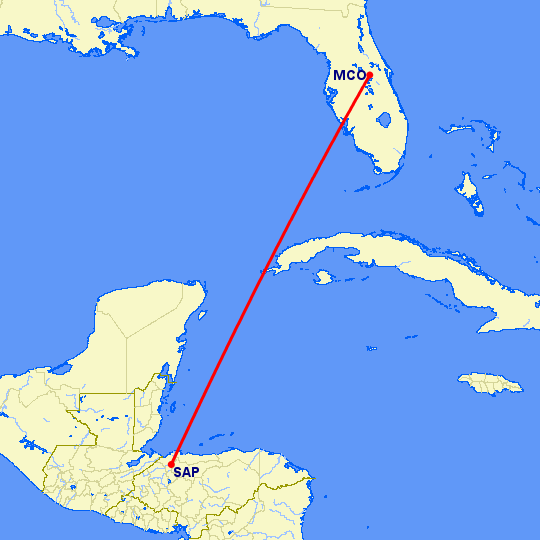перелет Орландо — San Pedro Sula на карте