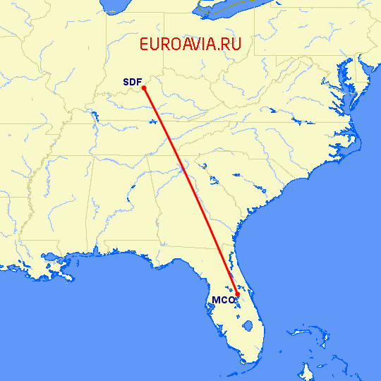 перелет Орландо — Луисвилл на карте