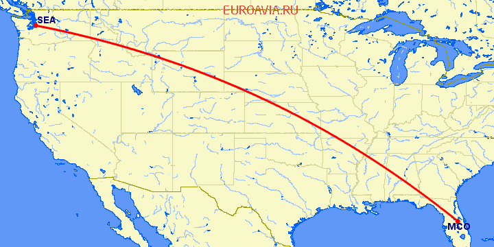 перелет Орландо — Сиэтл на карте
