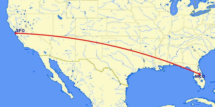 перелет Орландо — Сан Франциско на карте