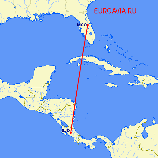 перелет Орландо — Сан Хосе на карте