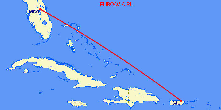 перелет Орландо — Сан Хуан на карте