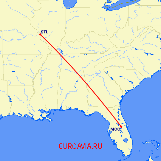 перелет Орландо — Сент Луис на карте