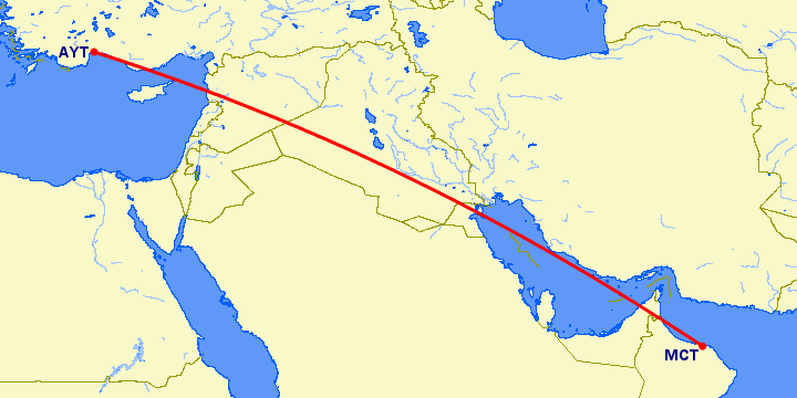 перелет Маскат — Анталия на карте