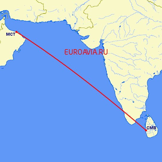 перелет Маскат — Коломбо на карте