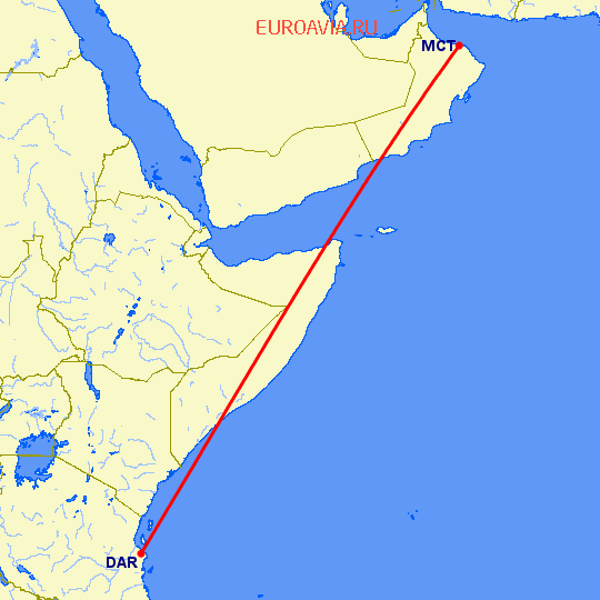 перелет Маскат — Дар Ес Салаам на карте
