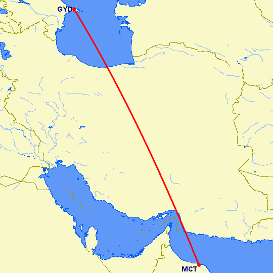 перелет Маскат — Баку на карте