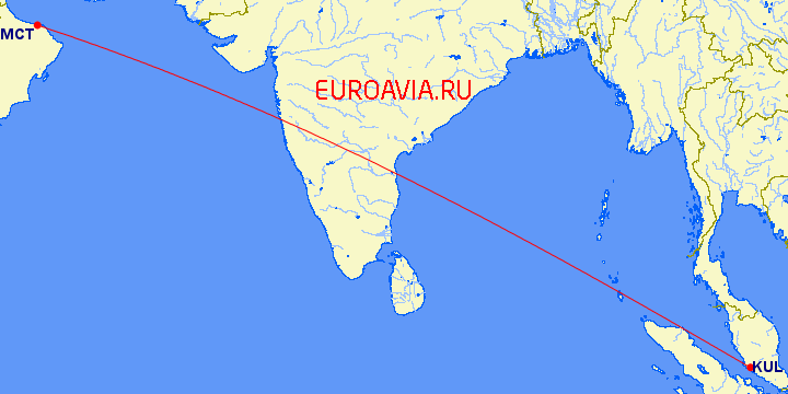 перелет Маскат — Куала Лумпур на карте