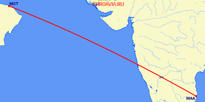 перелет Маскат — Мадрас Ченнай на карте