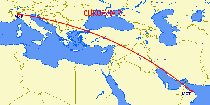 перелет Маскат — Милан на карте
