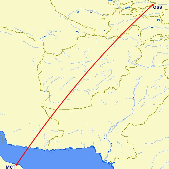 перелет Маскат — Ош на карте