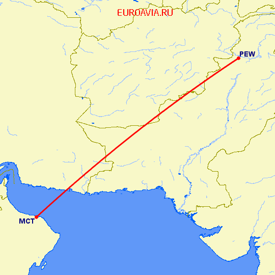 перелет Маскат — Пешавар на карте