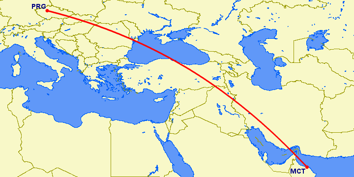 перелет Маскат — Прага на карте