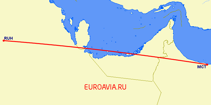 перелет Маскат — Эр Рияд на карте