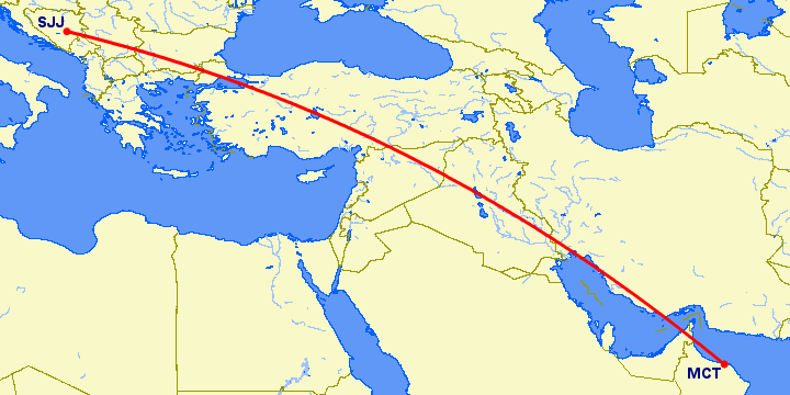 перелет Маскат — Сараево на карте