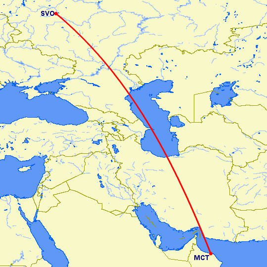 перелет Маскат — Москва на карте