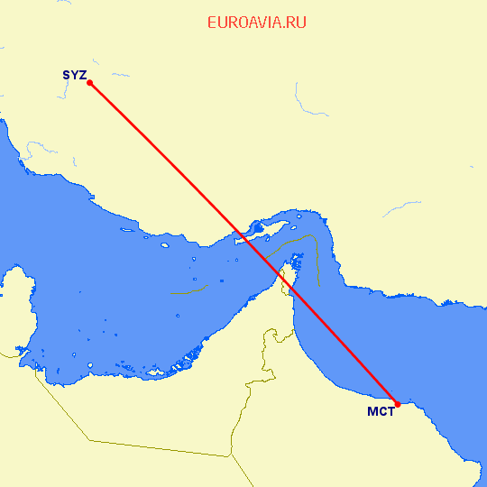 перелет Маскат — Шираз на карте