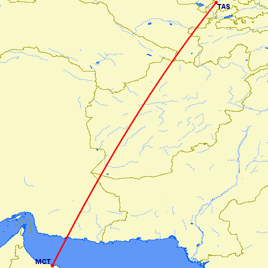 перелет Маскат — Ташкент на карте