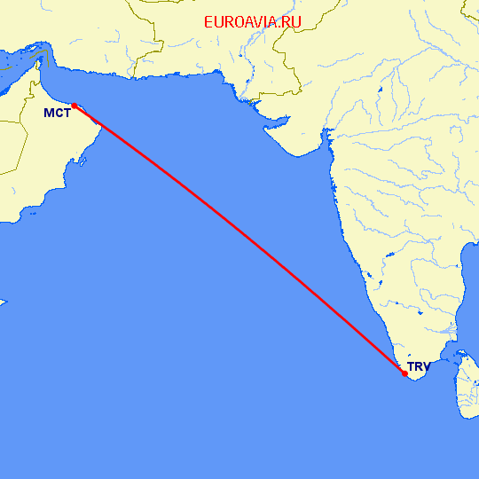 перелет Маскат — Тривандрум на карте