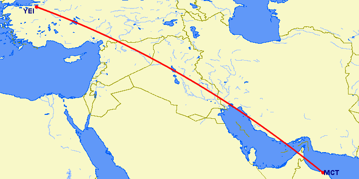 перелет Маскат — Бурса на карте