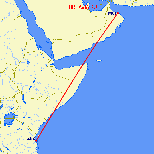 перелет Маскат — Занзибар на карте