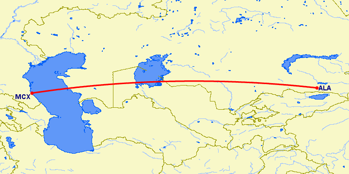 перелет Махачкала — Алматы на карте