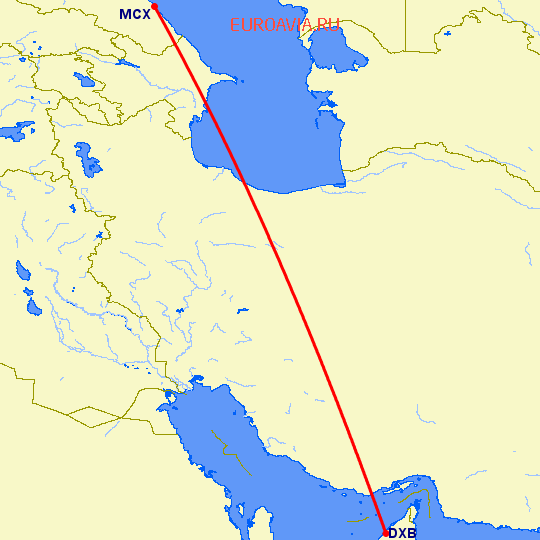 перелет Махачкала — Дубай на карте
