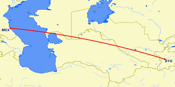перелет Махачкала — Душанбе на карте