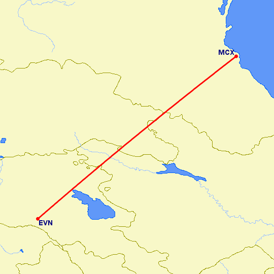 перелет Махачкала — Ереван на карте
