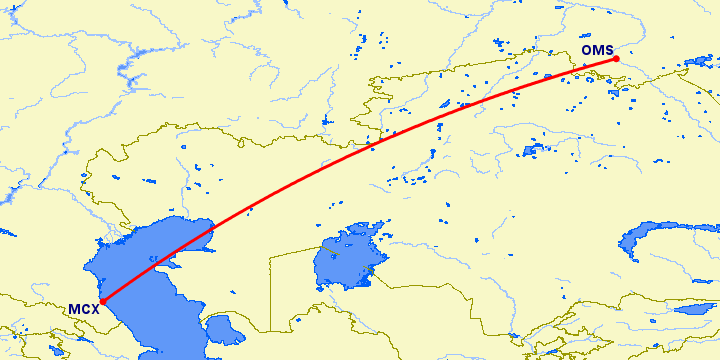перелет Махачкала — Омск на карте