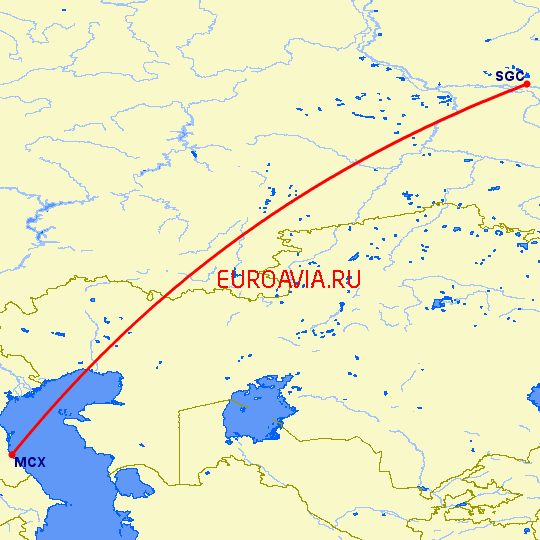 перелет Махачкала — Сургут на карте