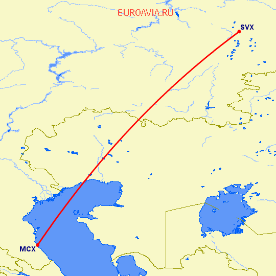 перелет Махачкала — Екатеринбург на карте